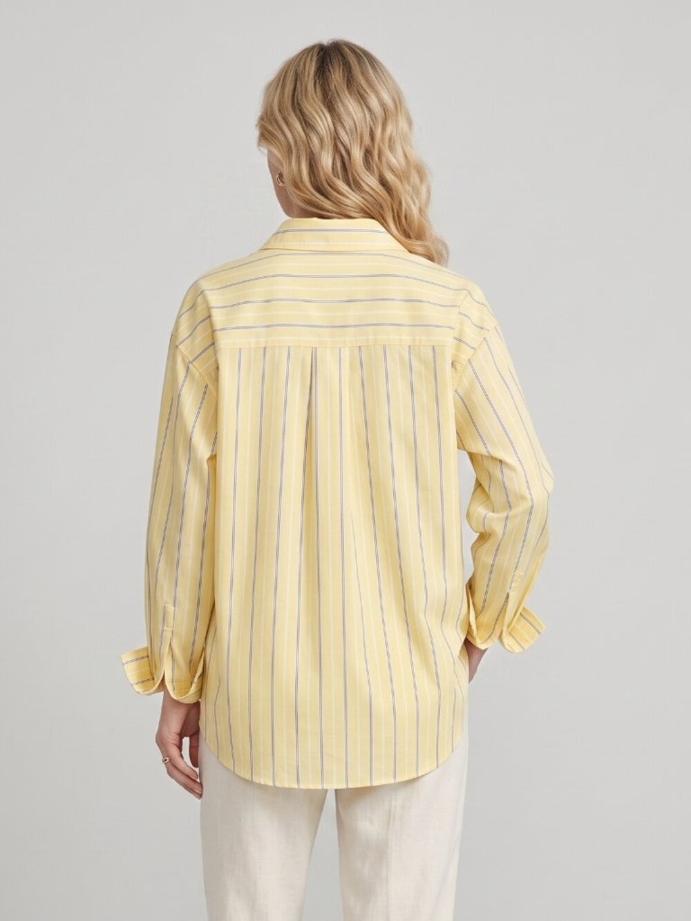 Women's Yellow Striped Button Up Shirt Long Sleeve Casual Oversized Blouse - Picture 2 of 4